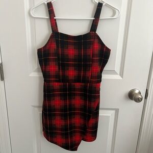 Almost Famous Red and Black Plaid Romper with Faux Skirt Piece